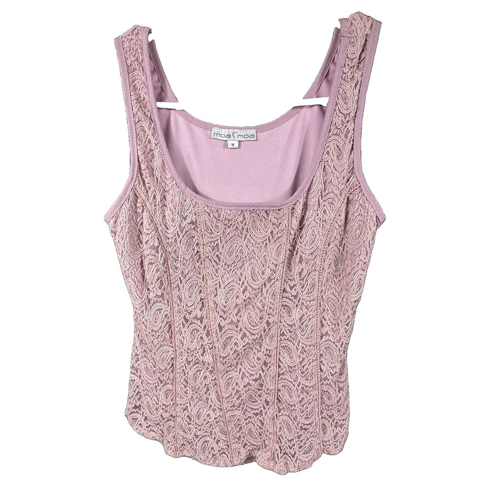 VTG Y2K 00s Pink Corset Lace Trim Tank Top Medium Coquette Girly Fairy Boho Rose